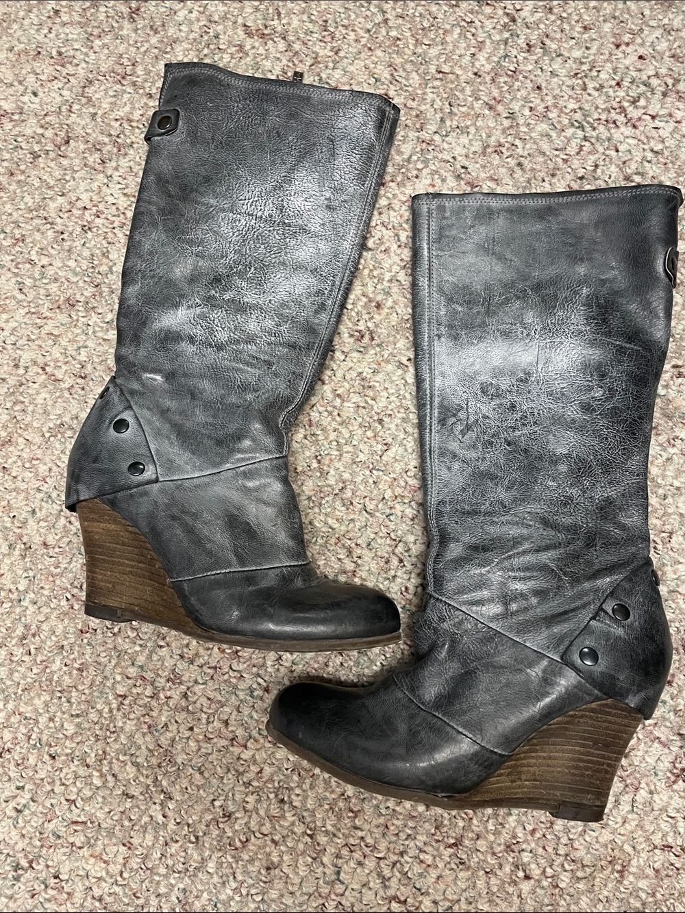 Chocolate negro black leather distressed look wedge heel high boots- new